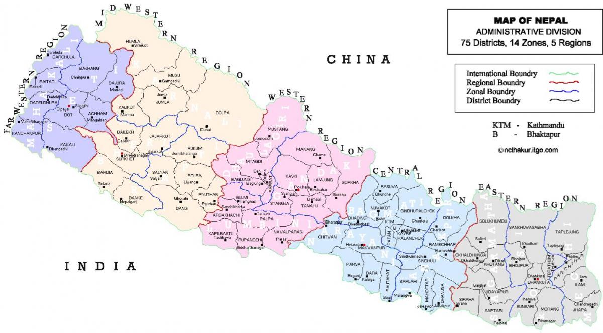 نيبال الخريطة السياسية مع مناطق